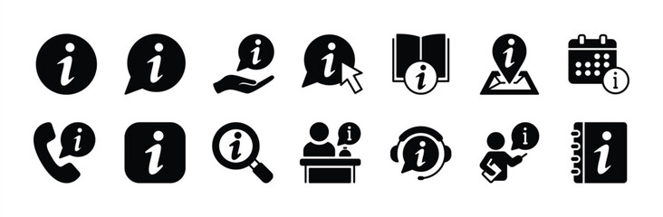 Info or information icon vector set. Contains chat button, contact call, schedule date, place location, receptionist, instruction or guide book, manual help, support, service. Illustration