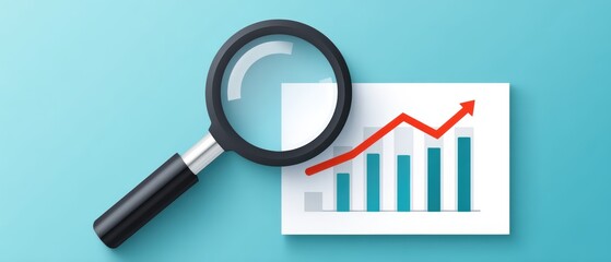 A magnifying glass examines a bar chart with an upward trending red arrow, symbolizing growth and analysis on a blue background.