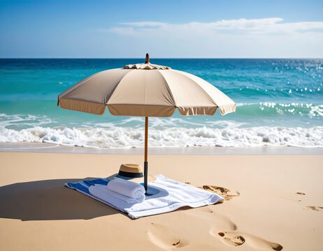Beach umbrella on tropical beach with sunbathing essentials