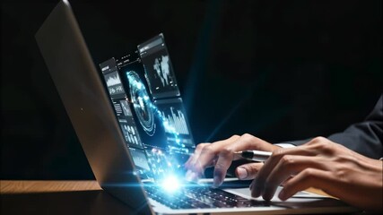 Businessman typing laptop with vibrant holographic interface showing logistics and transport data. Futuristic supply chain technology in action, set against a black background. - Powered by Adobe