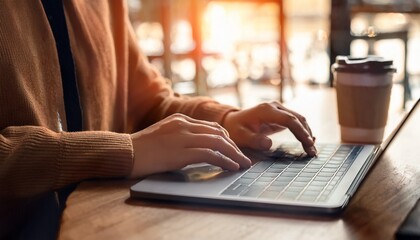 Fototapeta premium close up hand typing keyboard computer in coffee shop