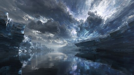 Fototapeta premium A surreal landscape with reflective water, jagged icy cliffs, and dramatic cloudy skies illuminated by bright, radiant light beams.