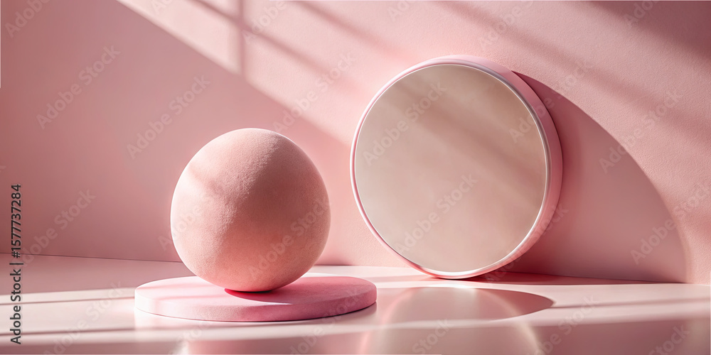 Poster a soft pink sphere rests on a circular platform beside a round mirror. sunlight filters through, cre