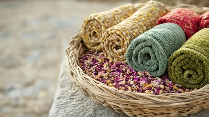 Obraz premium Soft Towels and Dried Petals in a Natural Woven Basket Display