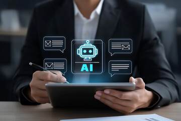 AI chatbot managing business email communication on digital tablet, used by professional for smart inbox automation, virtual assistant service, and improving workplace productivity with technology