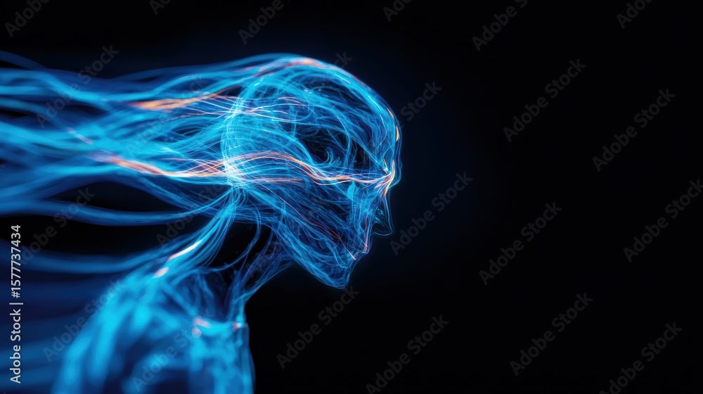 Poster a digital blue neural network forms a human head and upper body against a black background, symboliz