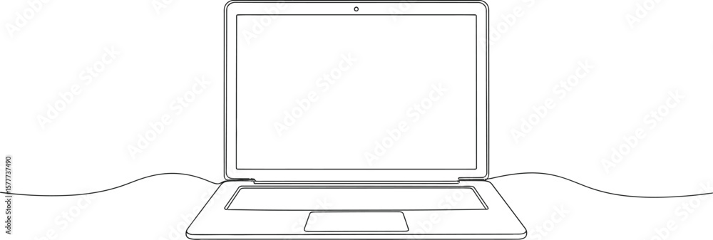 Poster continuous line drawing of an open laptop on a white background design