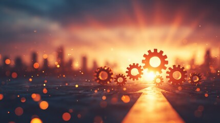 Six orange gears aligned on a road with a glowing sunset and blurred city skyline in the background.