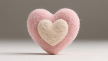 Fototapeta premium A pink felt heart layered with a small white heart at the center glows with fuzzy texture on a grey backdrop, gently lit in natural
