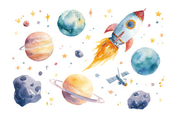 Watercolor illustration of a rocket, planets, and stars.