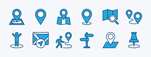 Set of map and location icon. Contains pin, pointer, and marker of place address or destination. GPS, you are here, route, signboard, direction, searching, navigation, position. Vector illustration
