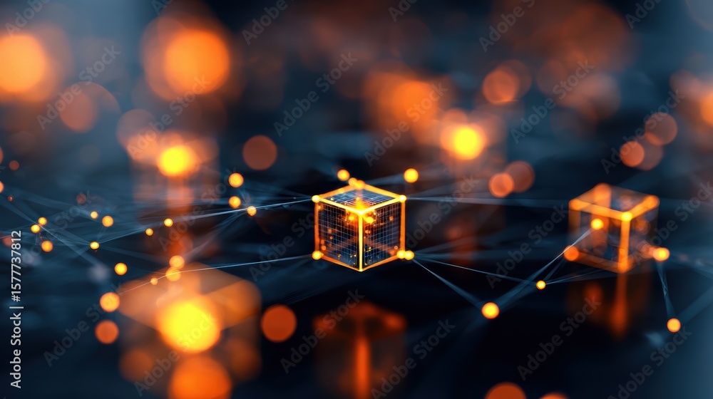 Poster digital glowing cubes connected by bright lines, symbolizing networked data and futuristic technolog