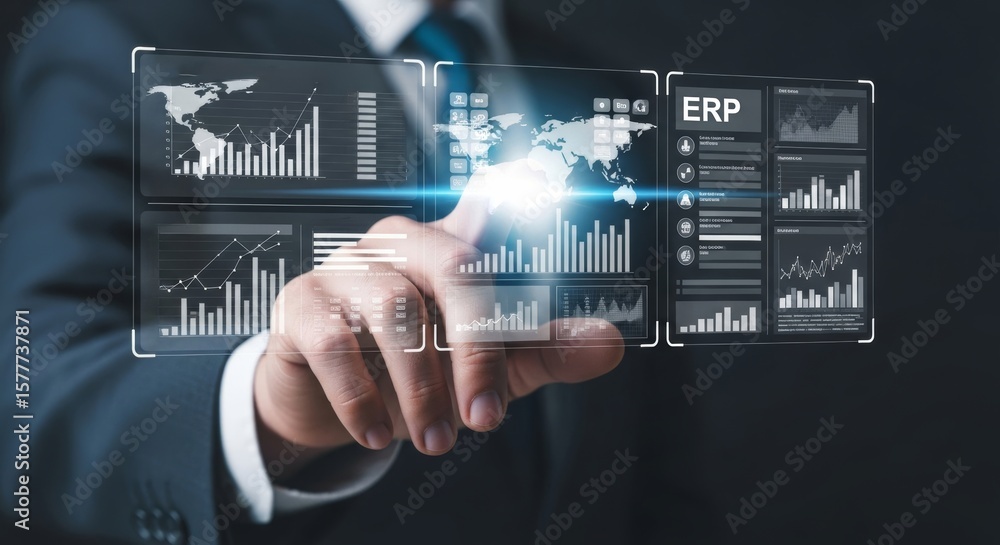 Poster businessman hand interacts with glowing holographic erp system enhanced by ai. futuristic interface 