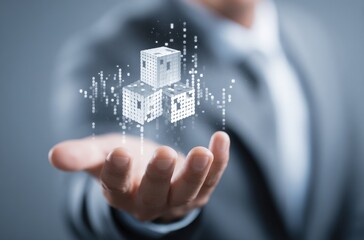 Businessman in suit throwing silver cube on virtual screen for digital business growth mock-up