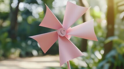 Pink Pinwheel Toy in a Sunny Garden with Greenery Background