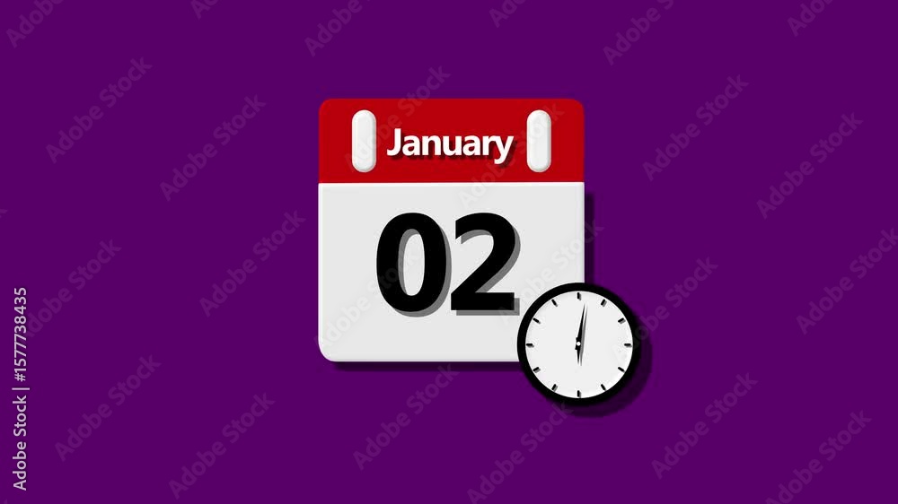 Poster 02 january month calendar with time symbol. abstract calendar icon - day 02 animation. clock icon ma
