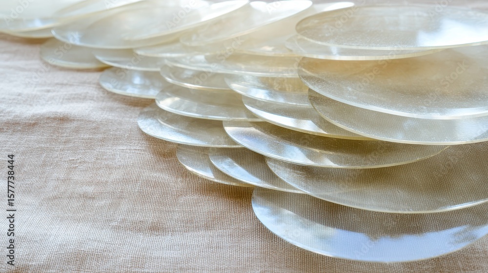 Poster elegant transparent discs stacked neatly on soft fabric surface