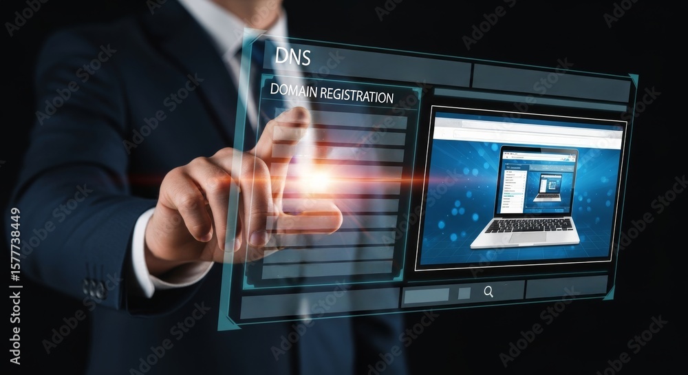 Poster a businessman interacts with a futuristic holographic dns interface showing domain registration, url