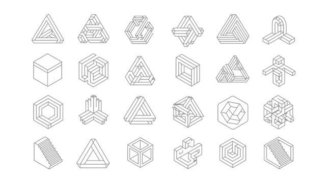 Collection of gray impossible shapes triangle, cube, hexagon on white background