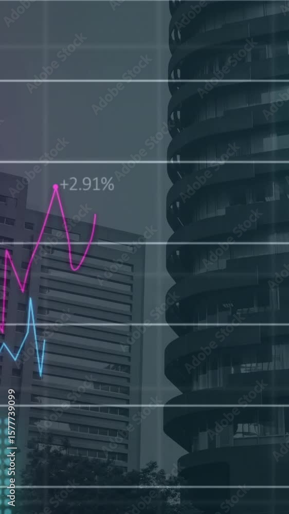 Poster animation of multiple graphs with changing numbers over modern buildings against sky