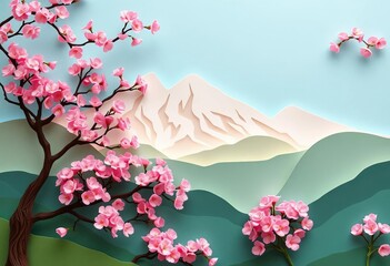 Layered paper cut mountain scene with delicate cherry blossoms, vibrant spring colors,  scenic,  design