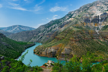 Picturesque landscape on the bend of the azure mountain river Sulak in a beautiful canyon of the...