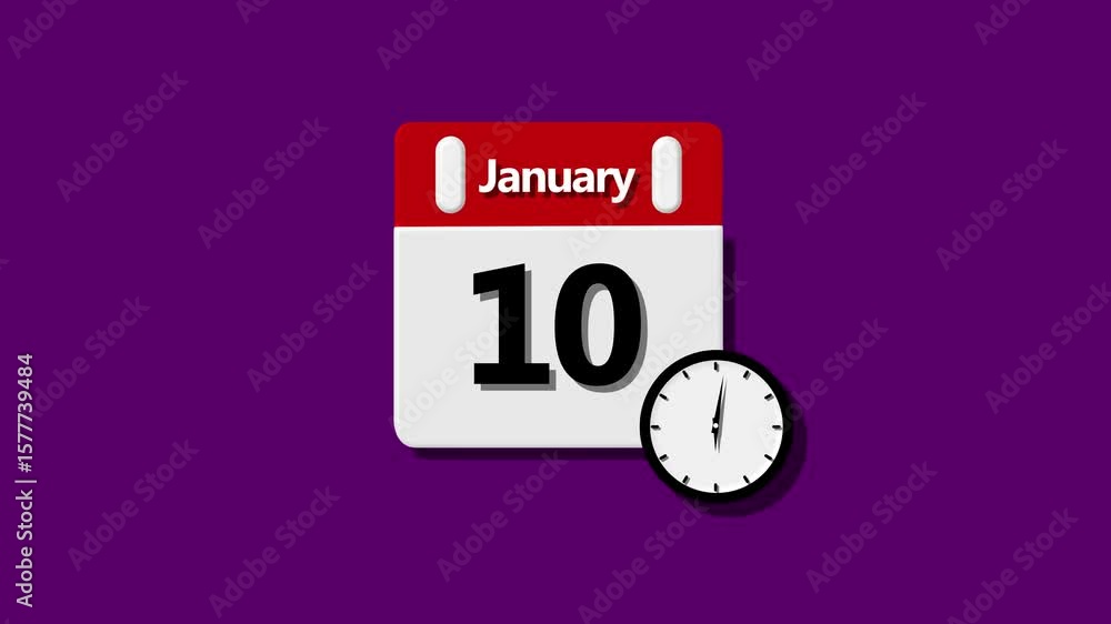 Poster 10 january month calendar with time symbol. sophisticated calendar animation . digital calendar desi