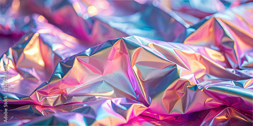 Poster a shimmering surface of crinkled metallic foil showcases a dazzling array of colors. the light refle