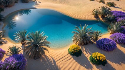 Desert Oasis with Palm Trees and Lavender