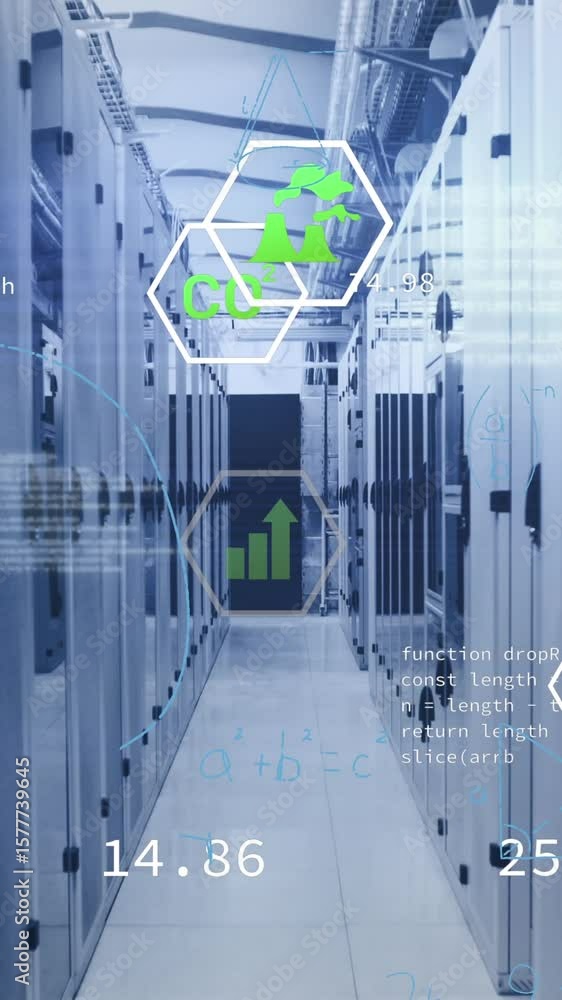 Poster animation of multiple digital icons, data processing and light spots against computer server room
