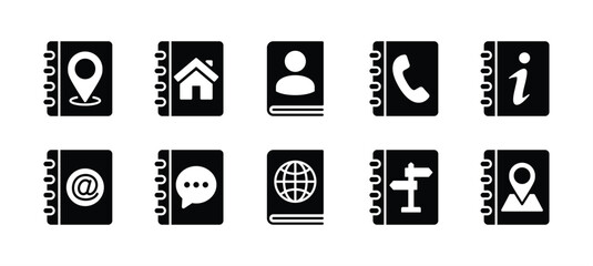 Address book icon vector set. Contains map pin location, home place, phone information, contact person, directory, catalog, guide, web or website, info. Illustration