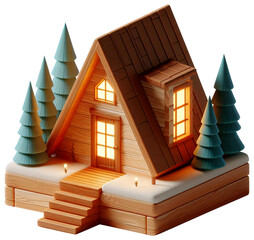 A tiny 3D cartoon A-frame cabin with a glowing window and pine trees