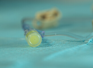 Macro close-up of the rubber injection port on a Huber (gripper) needle. Used for safe medication...