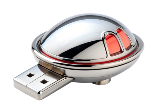 A silver usb flash drive shaped like a ufo, isolated on transparent background