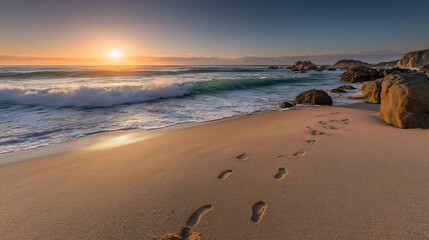 Pale Beach with Footsteps Leading to Ocean at Sunset.