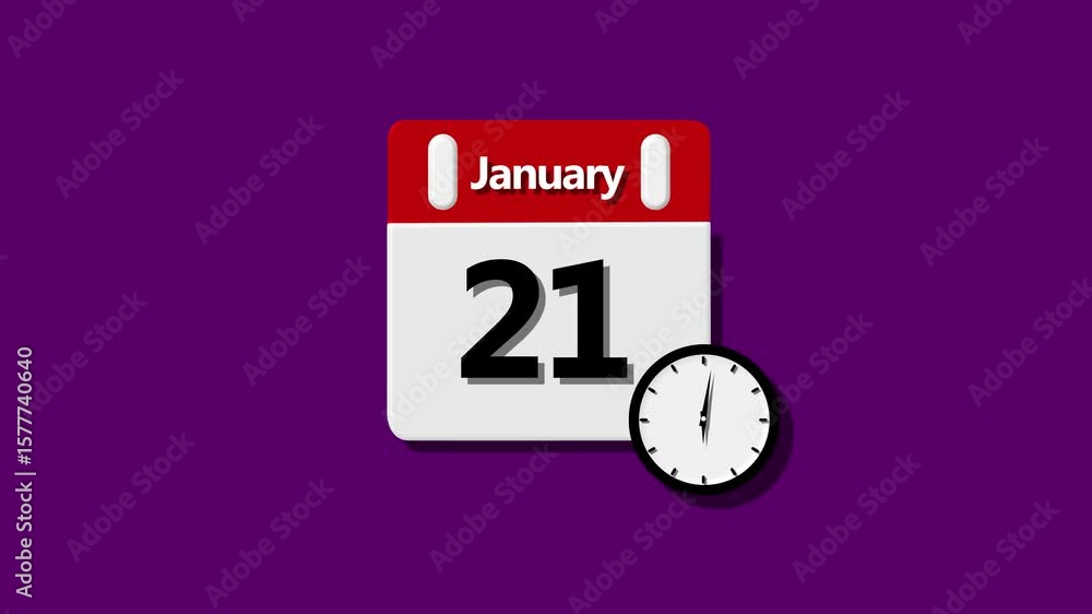 Poster 21 january month calendar with time symbol. digital calendar design icon animation video. simple cal