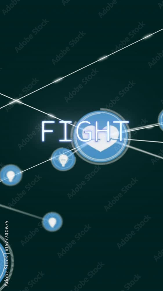 Poster animation of fight text, network of connections with icons and data processing