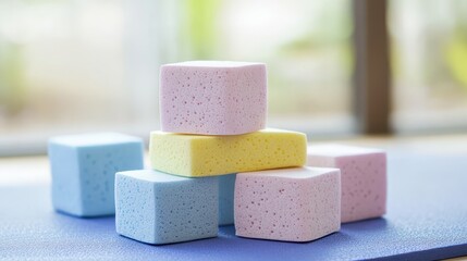 Colorful sponge cubes stacked on a surface with blurred background