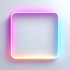 A vibrant, rounded-corner square frame glows with a multicolored neon light against a stark white background