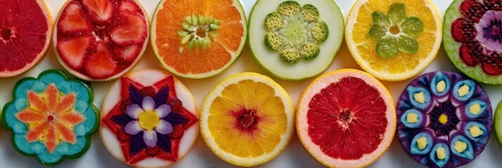 Colorful Mandalas Created From Fruit Slices Arranged in a Vibrant Display With a Modern Yoga Ambiance