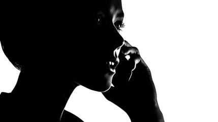 A person talking on the phone, white background