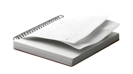 Close up of a spiral notebook with dotted pages and a few pages turned over on a TRANSPARENT background