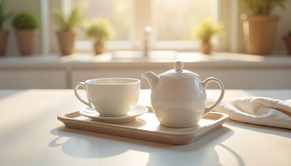 Fototapeta premium A tranquil kitchen features a white teapot and cup on a wooden tray. Soft morning light filters through a window, illuminating potted plants that enhance the serene atmosphere