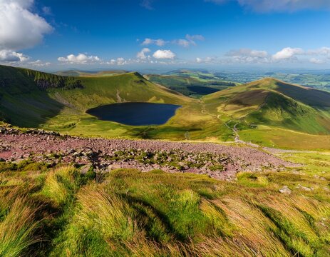 view of llyn cwm llwch from pen y fan in summer in the brecon beacon or the bannau brycheiniog national park powys wales