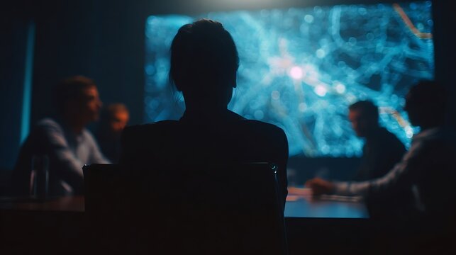A dark conference room with people watching a screen showing a complex blue structure