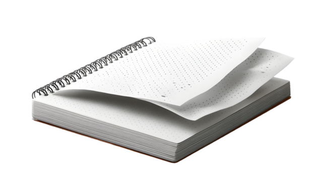 Close up of a spiral notebook with dotted pages and a few pages turned over on a TRANSPARENT background
