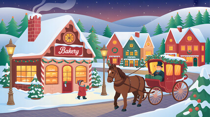 Naklejka premium Charming winter village scene with a horse drawn carriage arriving at a bakery