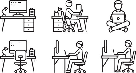 Vector Line Art Illustrations of People Working at Desks, Using Computers and Laptops in Various Settings, Ideal for Representing Remote Work, Productivity, and Modern Workspace Concepts