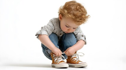 A child putting on shoes, white background