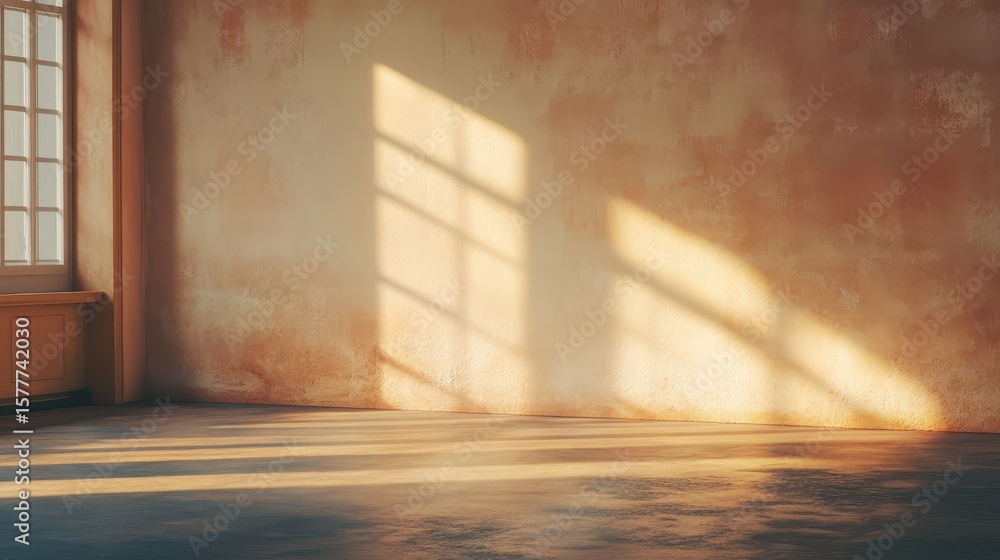 Poster sunlight casting shadows on an empty room with textured walls